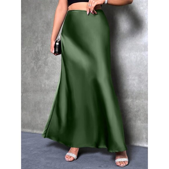 Women's Army Green Satin Dressy Casual Zipped High Waisted Flowy Silk Maxi Skirt - Picture 5 of 7